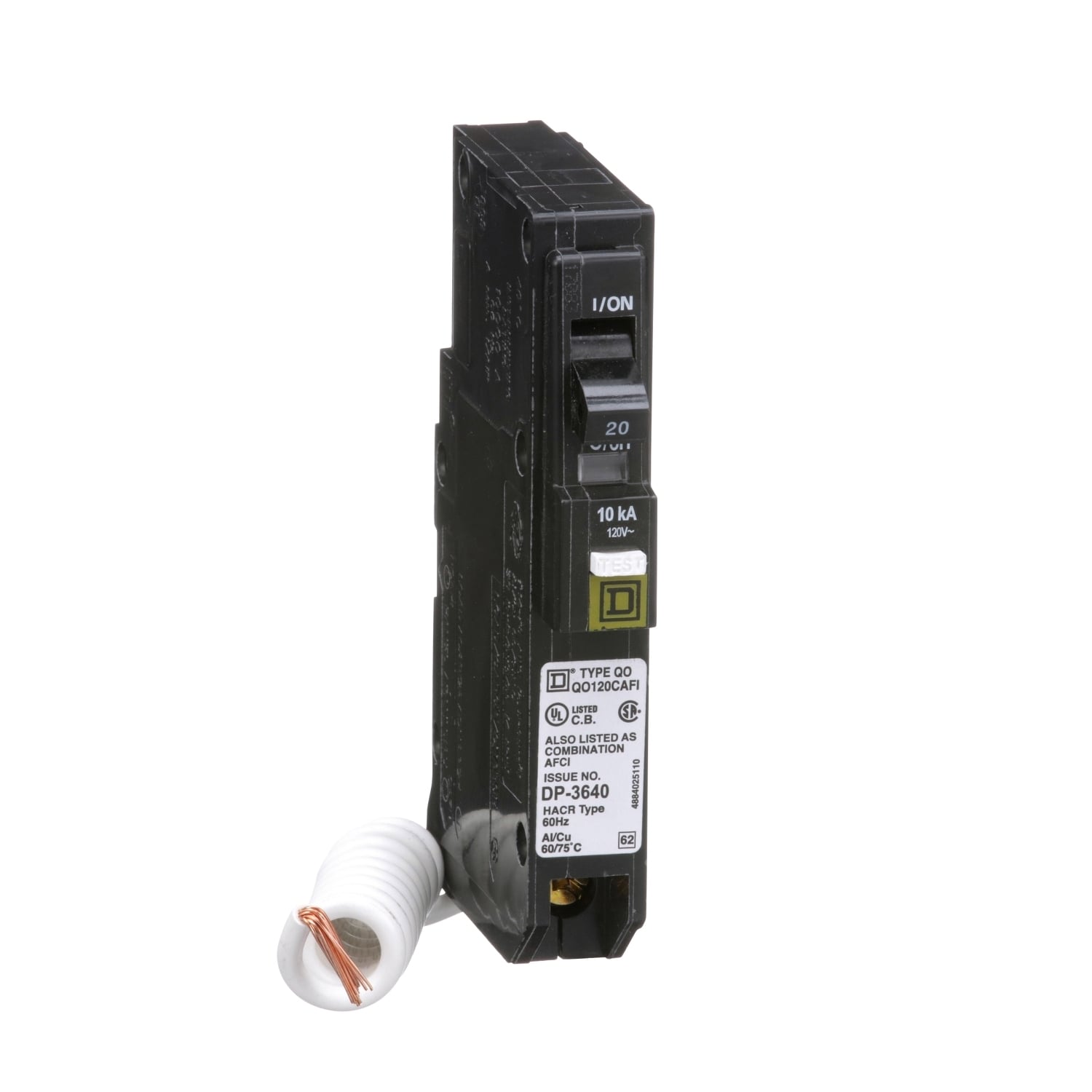 QO120CAFI Miniature Circuit Breaker, 20 Amp, 1 Pole, 120/240V