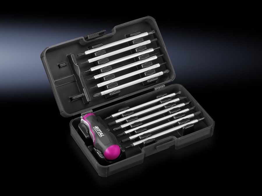 AS INTERCHANGEABLE SCREWDRIVER-SET, ROTATING HANDLE WITH 12 SCREWDRIVER BITS