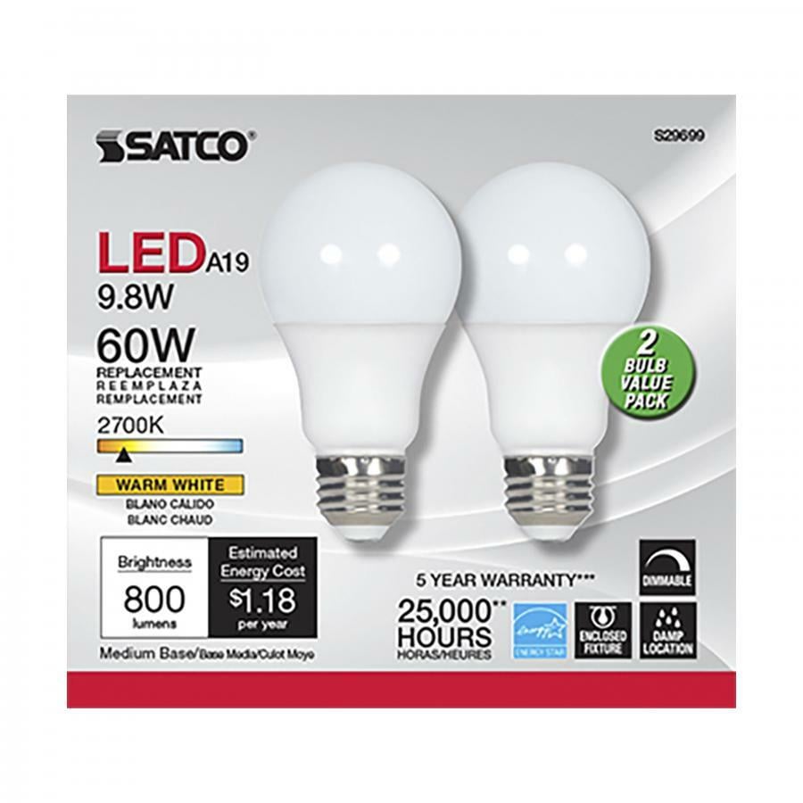 9.8W A19 LED Lamp E26 Base 27K Frosted 220' Beam Spread 120V 2-Pack