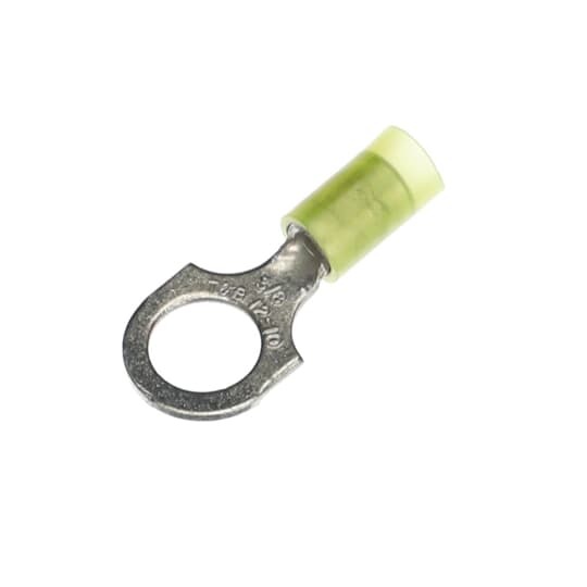 Nylon Insulated Ring Terminal, Length 1.27 Inches, Width .59 Inches, Maximum Insulation .210, Bolt Hole 3/8 Inch, Wire Range #12-#10 AWG, Color Yellow, Copper, Tin Plated