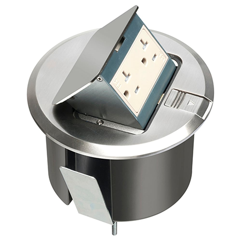 Pop up counter top box kit with round nickel plated cover. With Round plastic box. Comes with 20 amp decorator style tamper resistant receptacle.