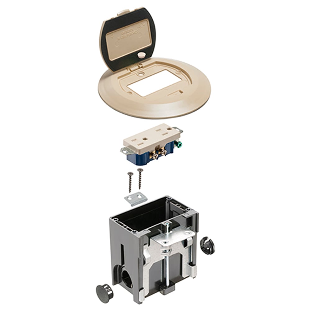 Non Metallic adjustable floor box. Light Almond with flip lids. Includes tamper resistant duplex receptacle, cover plate with gasket and Arlington NM94 connector and Arlington NM900 knockout plug.