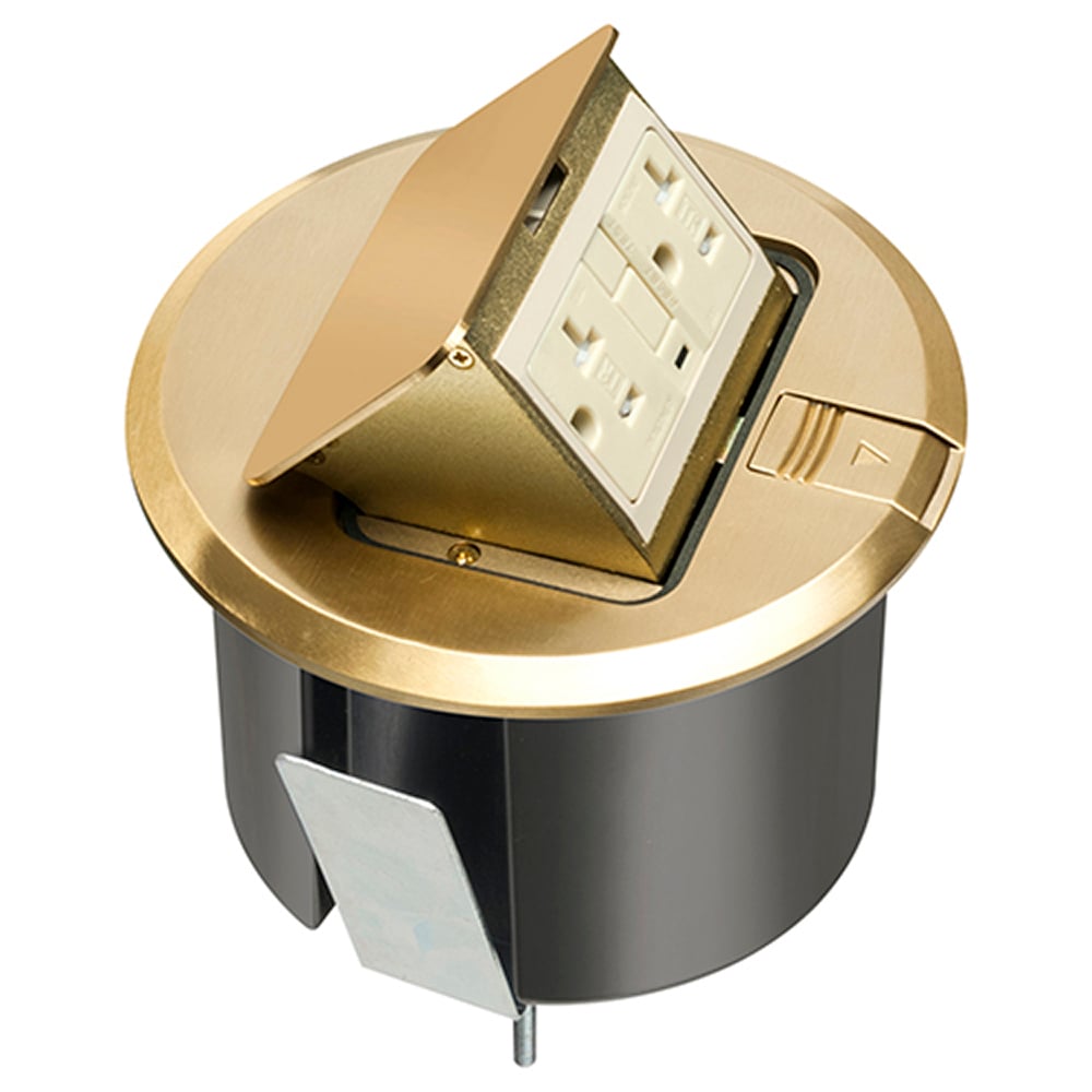 Pop up counter top box kit with round brass cover. With Round plastic box. Comes with 20 amp decorator style tamper resistant GFCI receptacle.