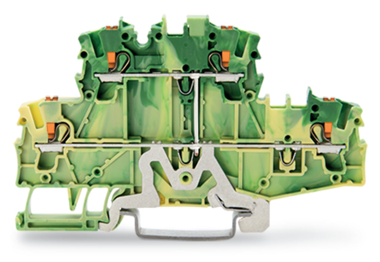 Double-deck terminal block; 4-conductor ground terminal block; with push-button; 2.5 mm; PE; suitable for Ex e II applications; without marker carrier; internal commoning; for DIN-rail 35 x 15 and 35 x 7.5; Push-in CAGE CLAMP; 2,50 mm; green-yellow