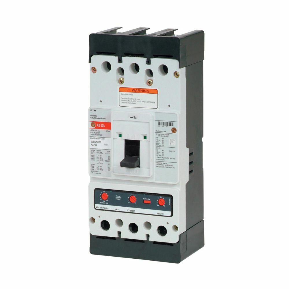 Eaton Series C complete molded case circuit breaker, K-frame, KDB, Fixed thermal and magnetic trips, Three-pole, 400A, 600 Vac, 250 Vdc, 65 kAIC at 240 Vac, 35 kAIC at 480 Vac, 12-24 Vac/dc same side left term.