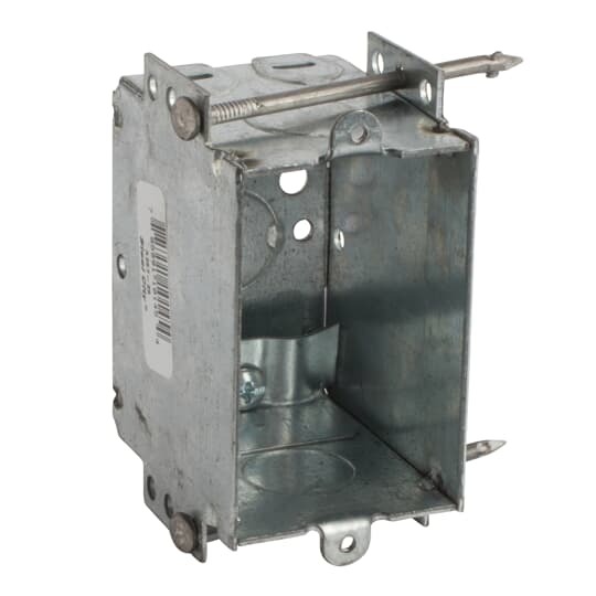 Non-Gangable Switch Box, 12.5 Cubic Inches, 3 Inches Long x 2 Inches Wide x 2-1/2 Inches Deep, 1/2 Inch Knockouts, Pre-Galvanized Steel, with Non-Metallic Cable Clamps (C-5) and Nails Slanted for Easy Drive-In, For Non-Metallic Sheathed Cable. Standard carton of 25.