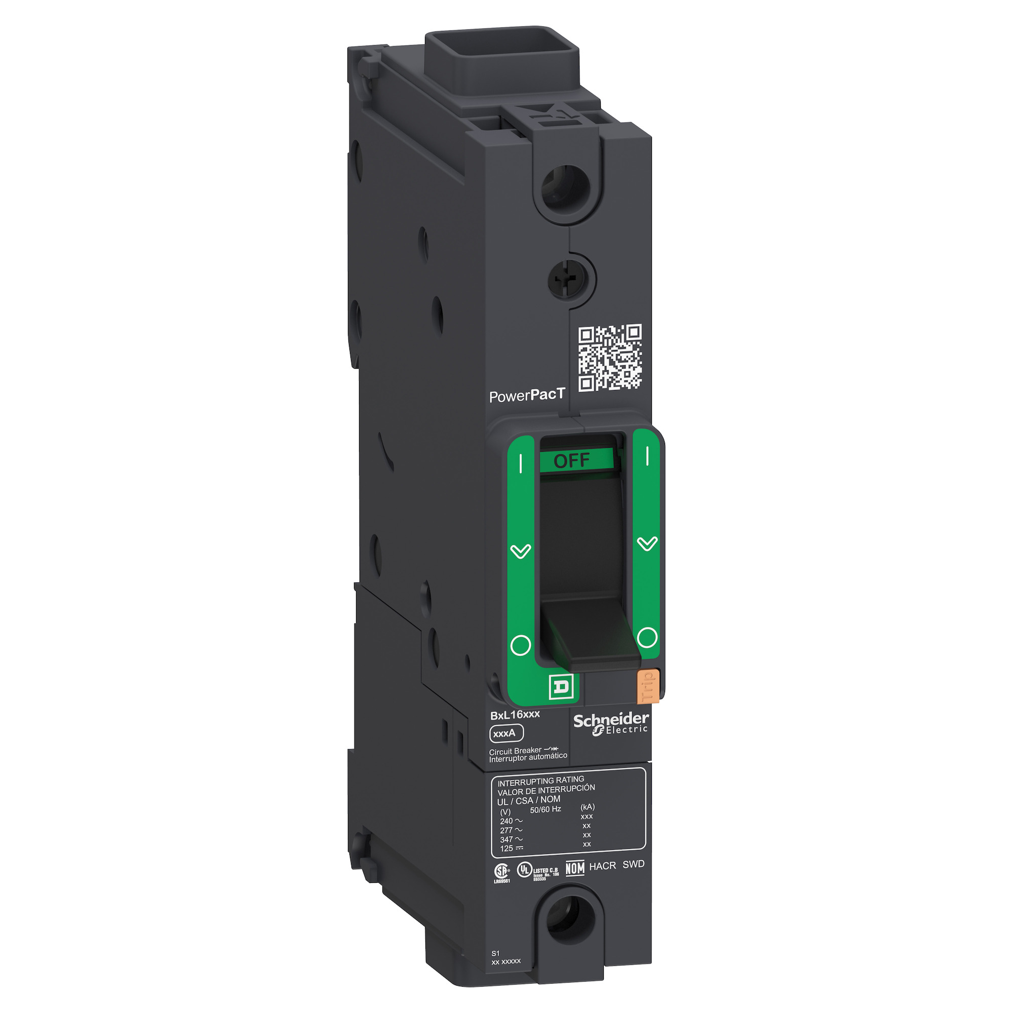 Circuit breaker, PowerPacT B, 40A, 1 pole, 600Y/347VAC, 14kA, terminal nut, thermal magnetic, 80%