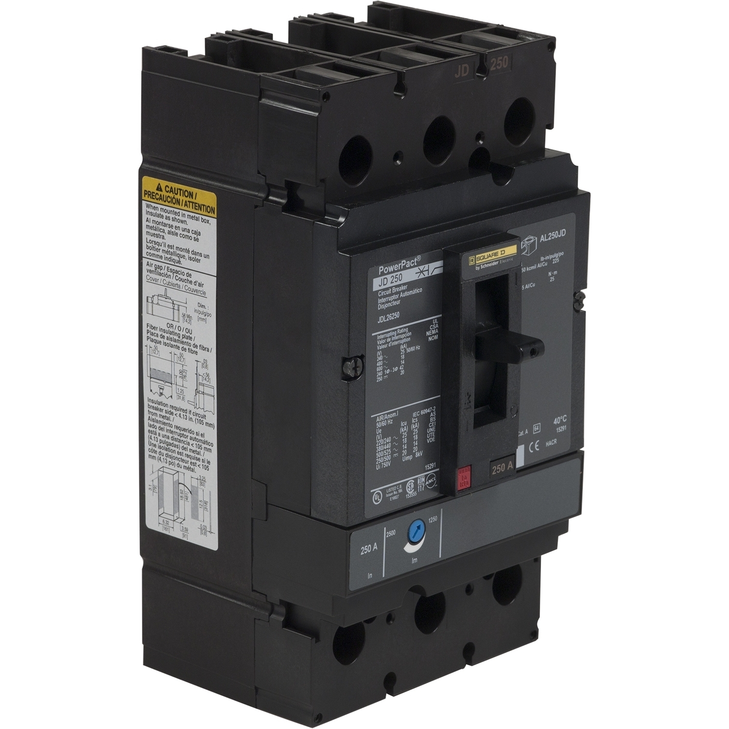 Circuit breaker, PowerPacT J, 250A, 2 pole, 600VAC, 14kA, lugs, thermal magnetic, 80%