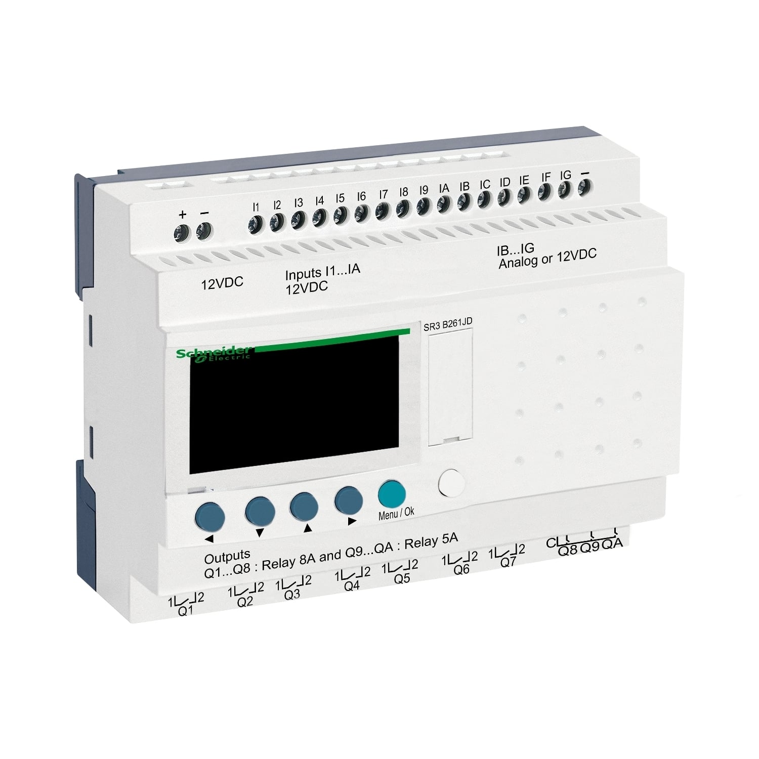 modular smart relay, Zelio Logic SR2 SR3, 26 IO, 12V DC, clock, display