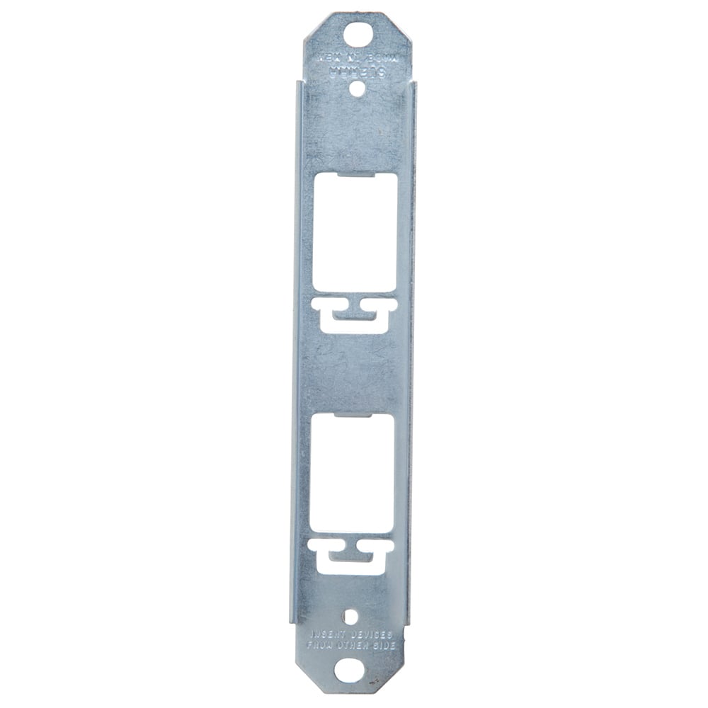 Despard Tandem mounting strap with two vertical openings. Plate screw hole spacing 4 3/8. Bright Zinc.