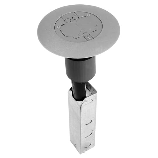 Poke-Through Flush Base Unit, 3 Inch Drill Size, 16 Inch Length, 1/2 Inch and 3/4 Inch Knockouts, Galvanized Steel, with Gray Non-Metallic Cover with 7 Inch Diameter
