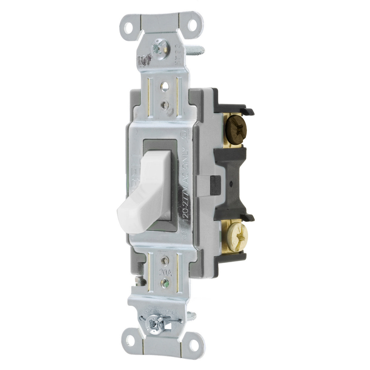 Switches and Lighting Controls, Toggle Switch, Commercial Grade, Three Way, 20A 120/277V AC, Back and Side Wired, White