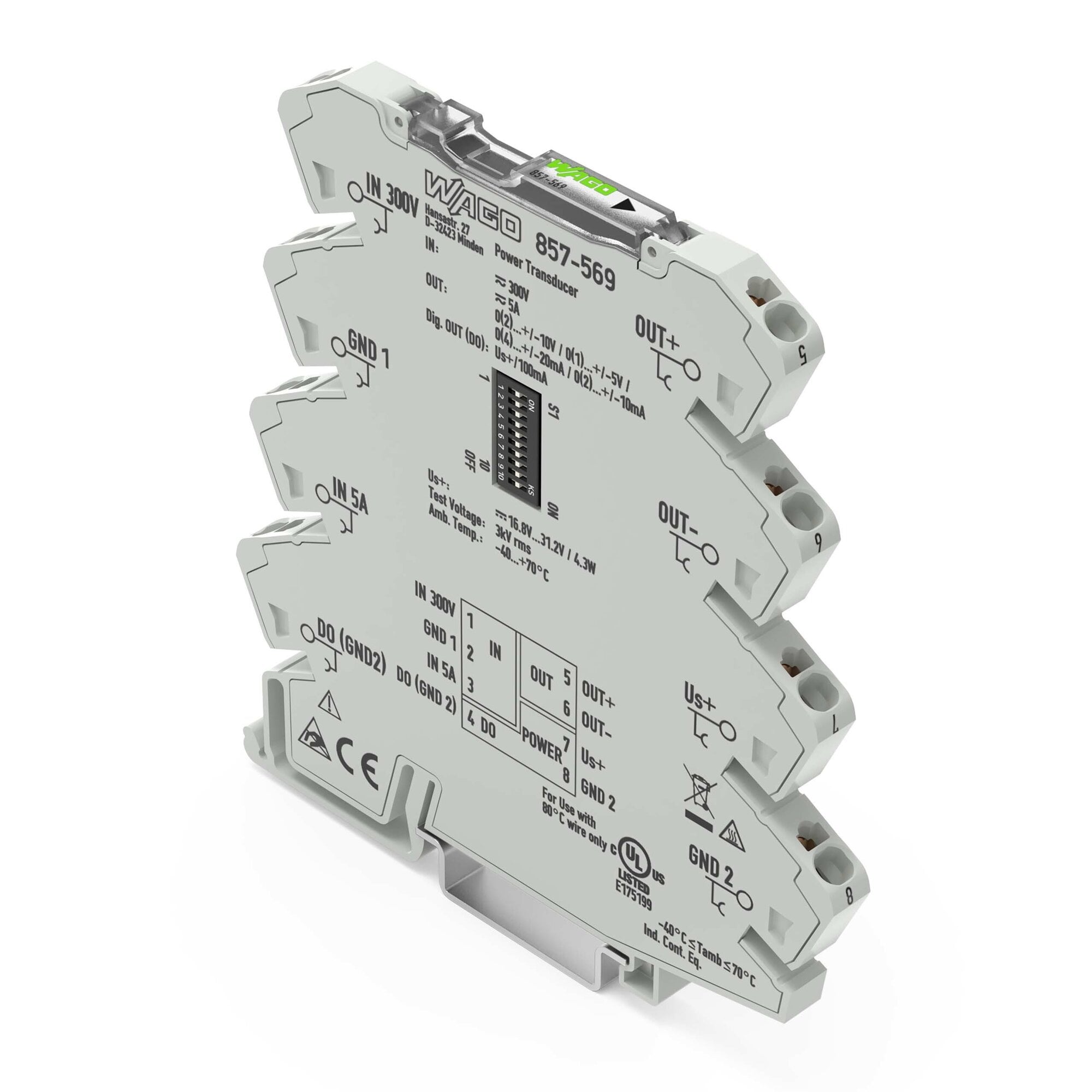 Power signal conditioner; Current and voltage input signal; Current and voltage output signal; Digital output; Configuration via software; Supply voltage: 24 VDC; 6 mm module width