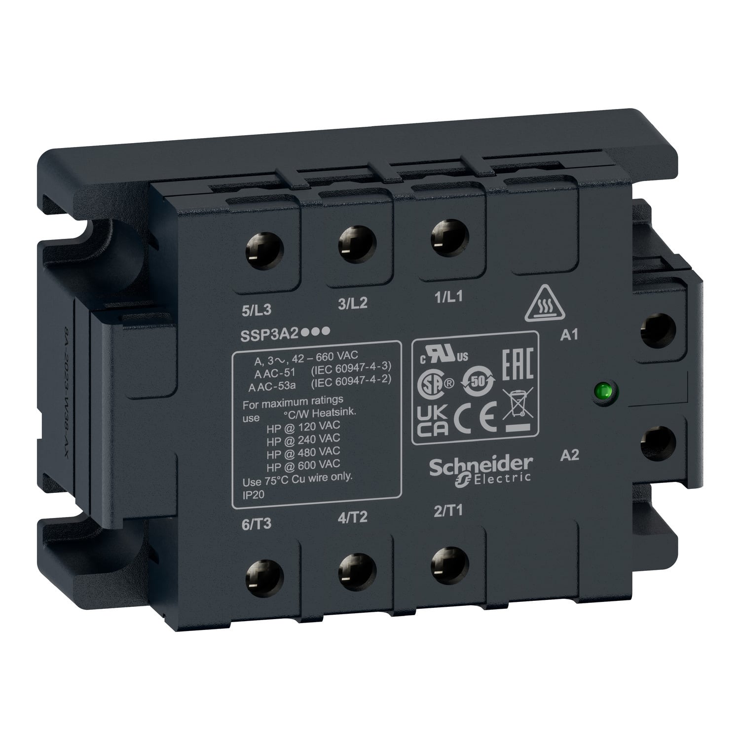 three phase relay, Harmony Solid State Relays, 25A, panel mount, zero voltage switching, thermal pad, input 90 to 280V AC, output 42 to 660V AC