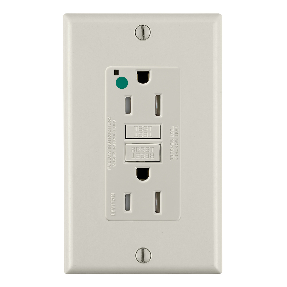 15 Amp, 125 Volt, SmartlockPro Slim Self-Test GFCI Receptacle, Extra-Heavy Duty Hospital Grade, Tamper-Resistant, NEMA 5-15R, 20A Feed-Through, 2P, 3W, Matching Wallplate Included - LIGHT ALMOND
