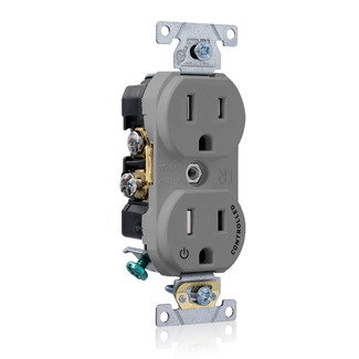 Tamper Resistant Duplex Receptacle, 2-Pole 3-Wire, NEMA 5-15R, 15A-125, Gray, Back And Side Wired, Commercial Spec Grade, Hot Terminal Split W/1 Plug Controlled Markings Universal Marking Orientation