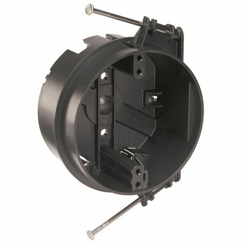 4 Round Ceiling Box with two captive mounting nails and four Auto/Clamps.It is constructed of impact-resisitant Noryl thermoplastic, making it virtually unbreakable and non-conductive. Its depth-mounting gauge at bottom of bracket helps you align the box at the proper depth relative to the ceiling.50 pack.