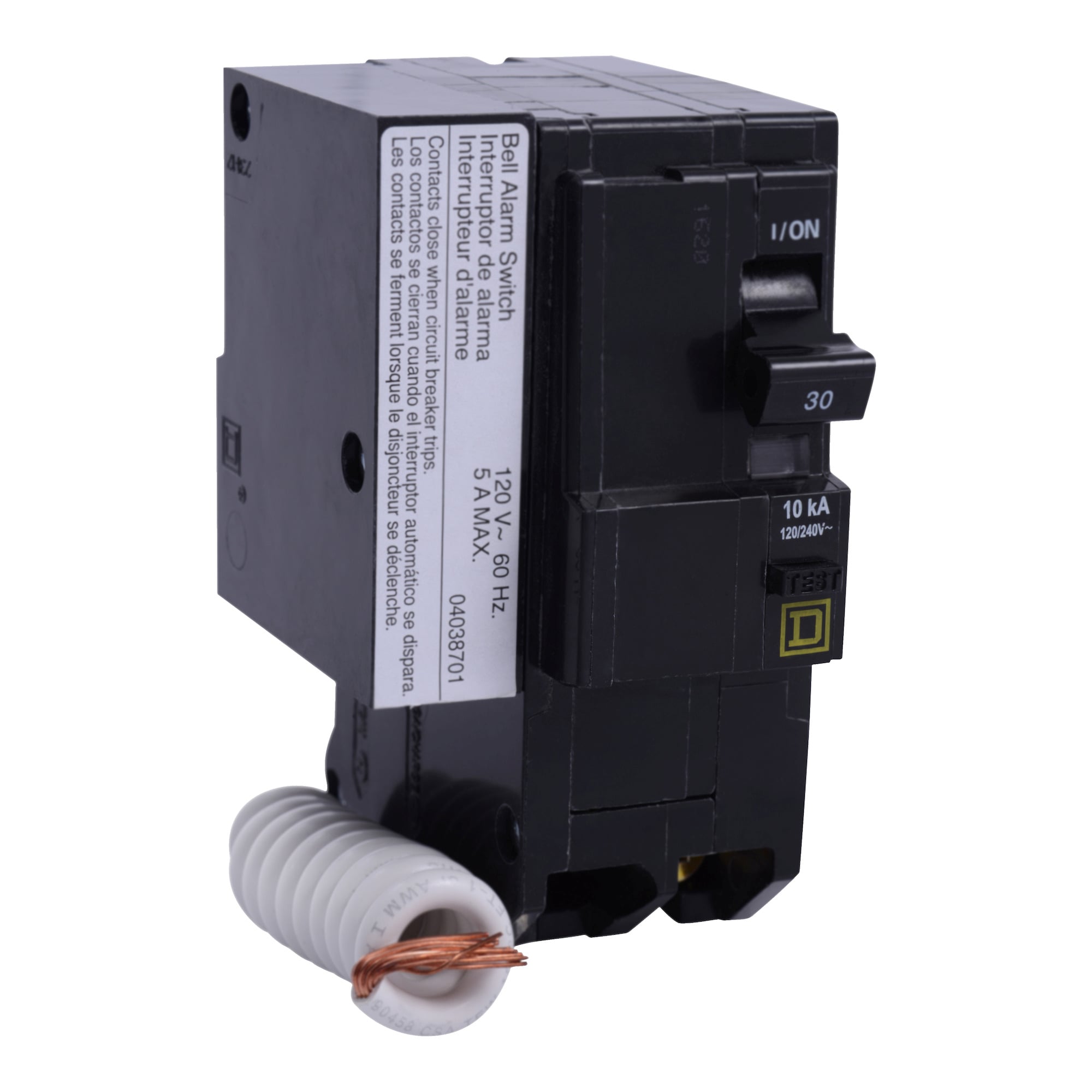 Mini circuit breaker, QO, 30A, 2 pole, 120/240 VAC, 10 kA, 30mA grd fault B, plug in mount, alarm switch