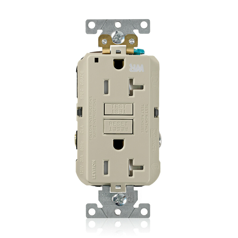 20 Amp, 125 Volt, SmartlockPro Self-Test GFCI Duplex Receptacle , NEMA 5-20R, 2P, 3W, Extra-Heavy Duty Industrial Grade, Weather & Tamper-Resistant, 20A Feed-Through, Back or Side Wired - IVORY