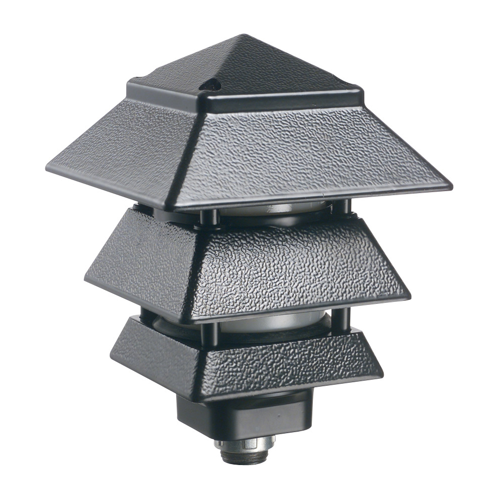 Pagoda style landscape light fixture. three wire fixtures for our Gard-N-Post line. Cast aluminum. Color Black. Uses maximum a 40 watt halogen, 40 watt incandescent or a 14 watt fluorescent bulb. Not Included. Larger Louvers allow for light to shine down.