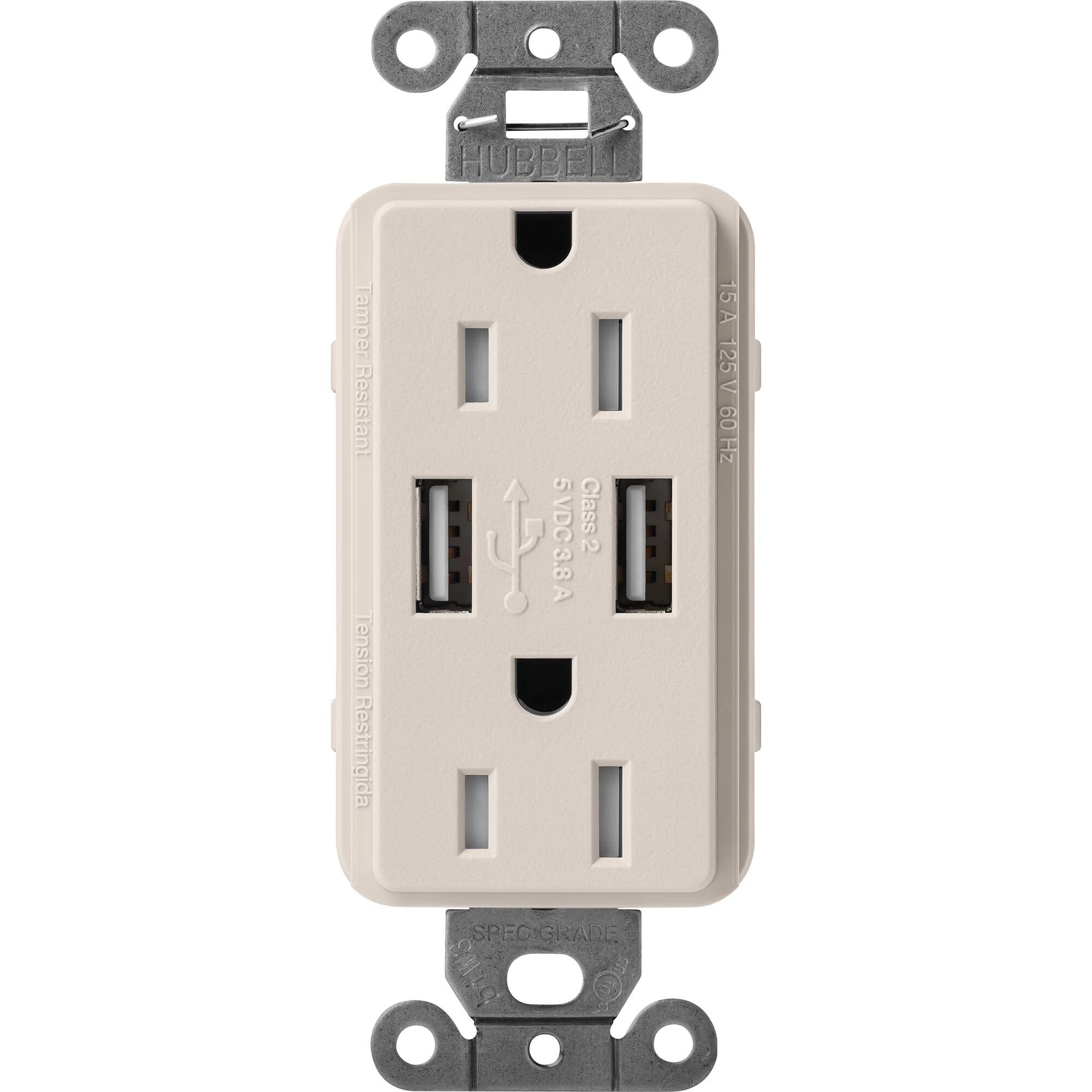Lutron Claro USB Type A 2.0 Duplex Receptacle, 15 Amp, Taupe