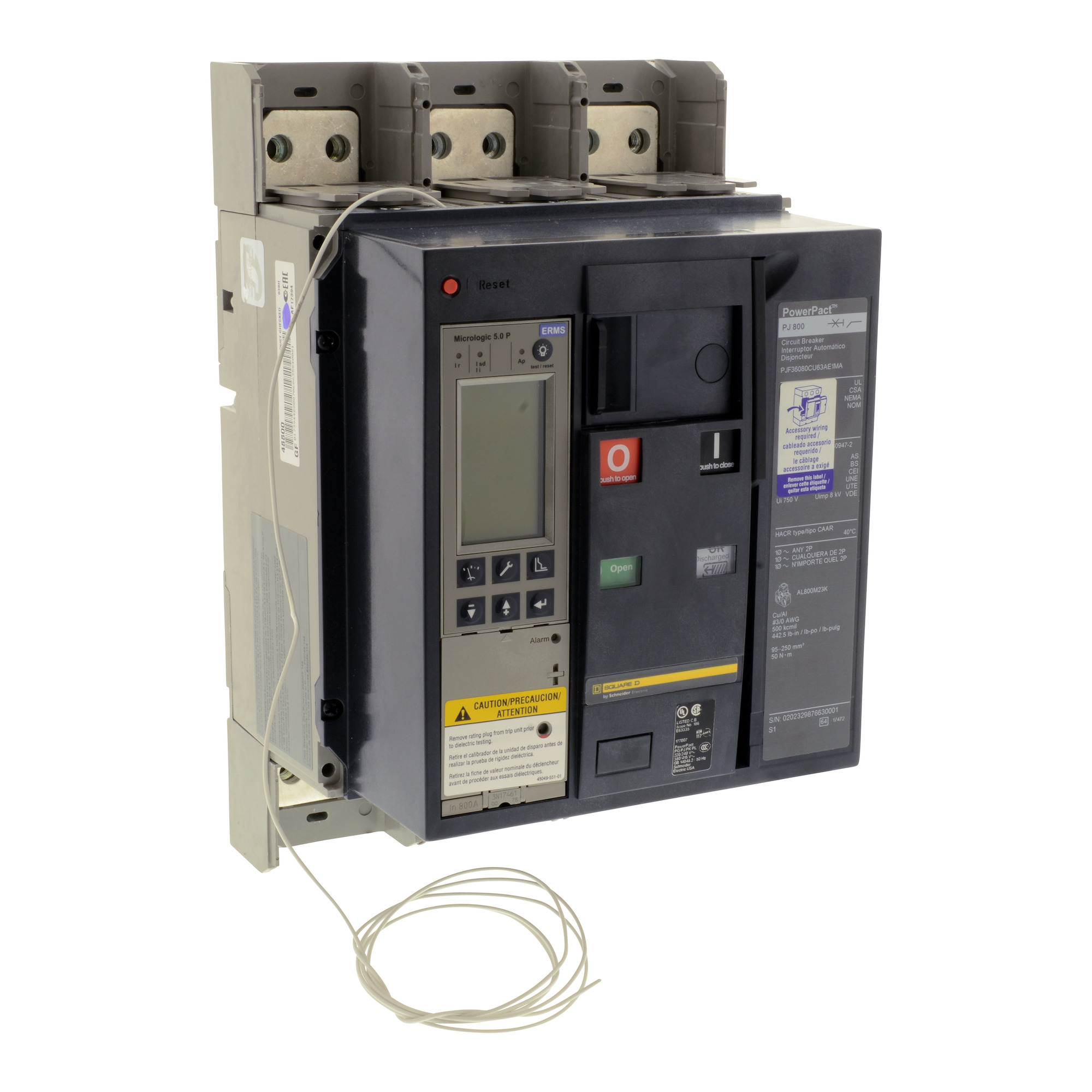 Circuit breaker, PowerPacT P, 800A, 3 pole, 600VAC, 25kA, busbar, Micrologic 5.0P, 100%, modbus, motor op