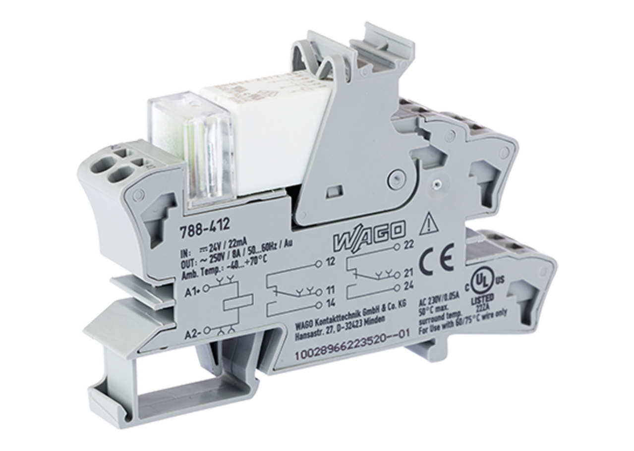 Relay module; Nominal input voltage: 24 VDC; 2 changeover contacts; Limiting continuous current: 8 A; with gold contacts; Red status indicator; Module width: 15 mm; 2,50 mm; gray