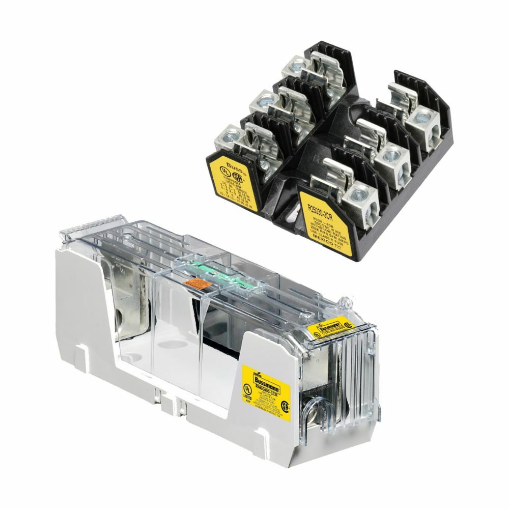 Eaton Bussmann Series RM modular fuse block, Box lugs with hex screws, 30 A, 2P, 200 kA RMS symm, 120C, 50 lb-inches max, Class R, CVR(I)-RH-25030, Black, 200 kAIC, 75 C, DIN rail, Panel, 250 V, #2-14 AWG