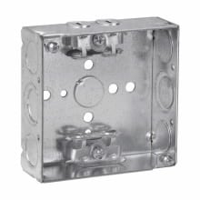 Eaton Crouse-Hinds series Square Outlet Box, (1) 1/2", 4", 4, AC/MC clamps, Welded, 1-1/2", Steel, (4) 1/2", (2) 1/2", (1) 3/4" E, 22.0 cubic inch capacity