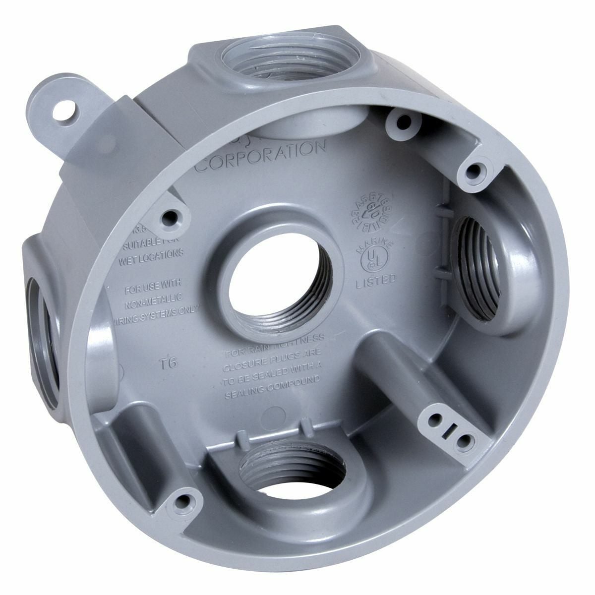 Round Weatherproof Box, Five 1/2  or 3/4 in. Threaded Outlets, Gray
