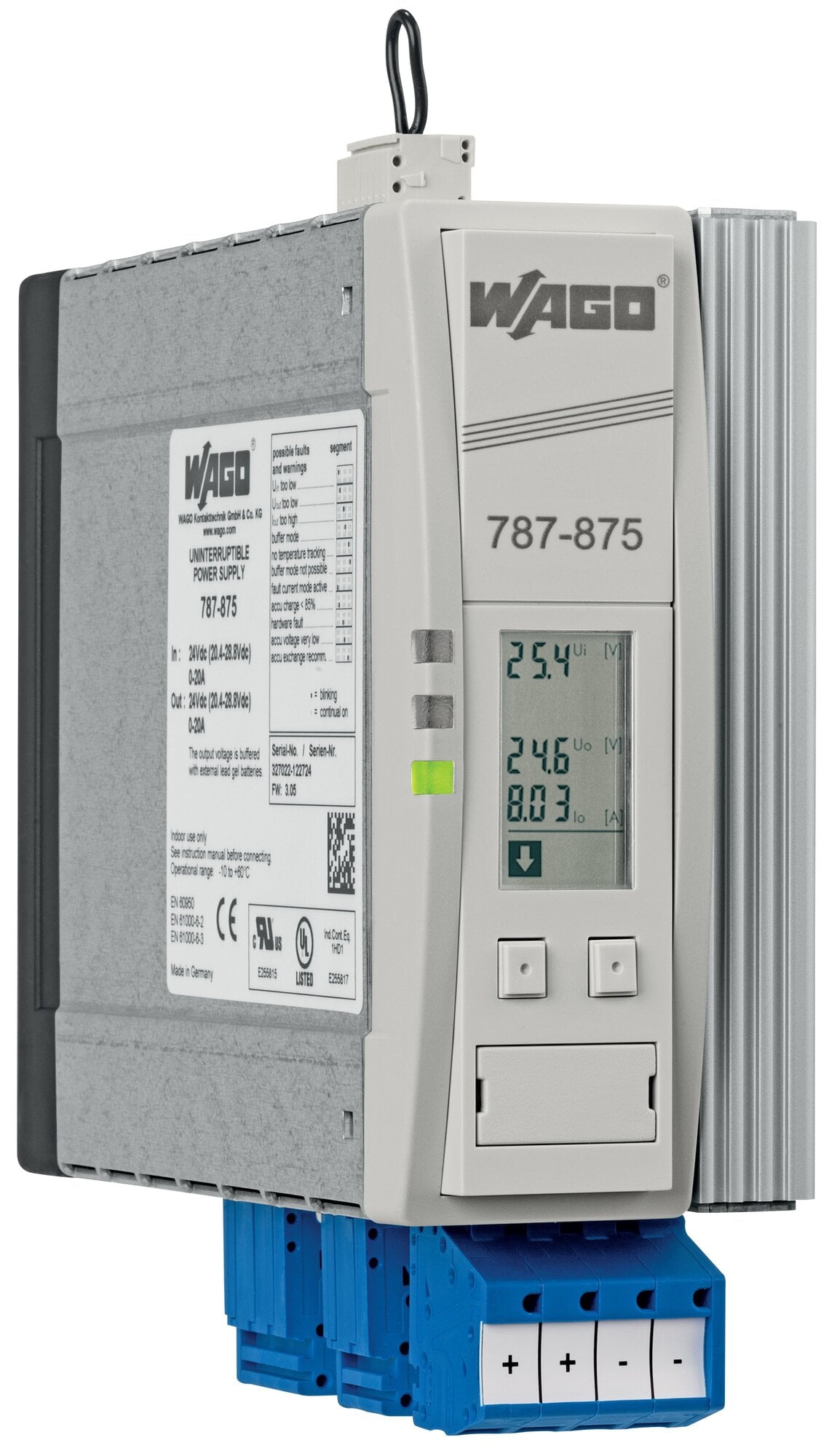 UPS charger and controller; 24 VDC input voltage; 24 VDC output voltage; 20 A output current; LineMonitor; communication capability; 10,00 mm