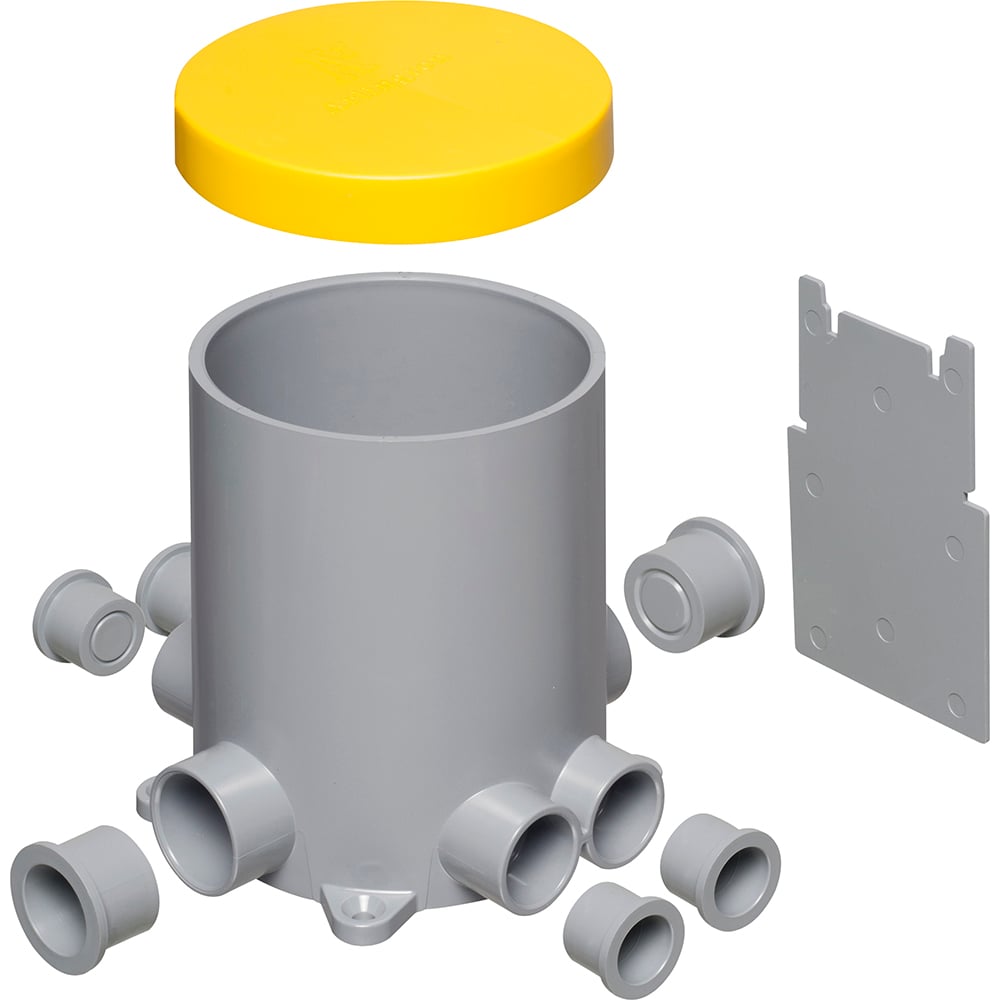 Non Metallic 4-1/2" round box with plugs, low voltage divider, mud cover for new concrete pours. Comes with (6) conduit hubs.