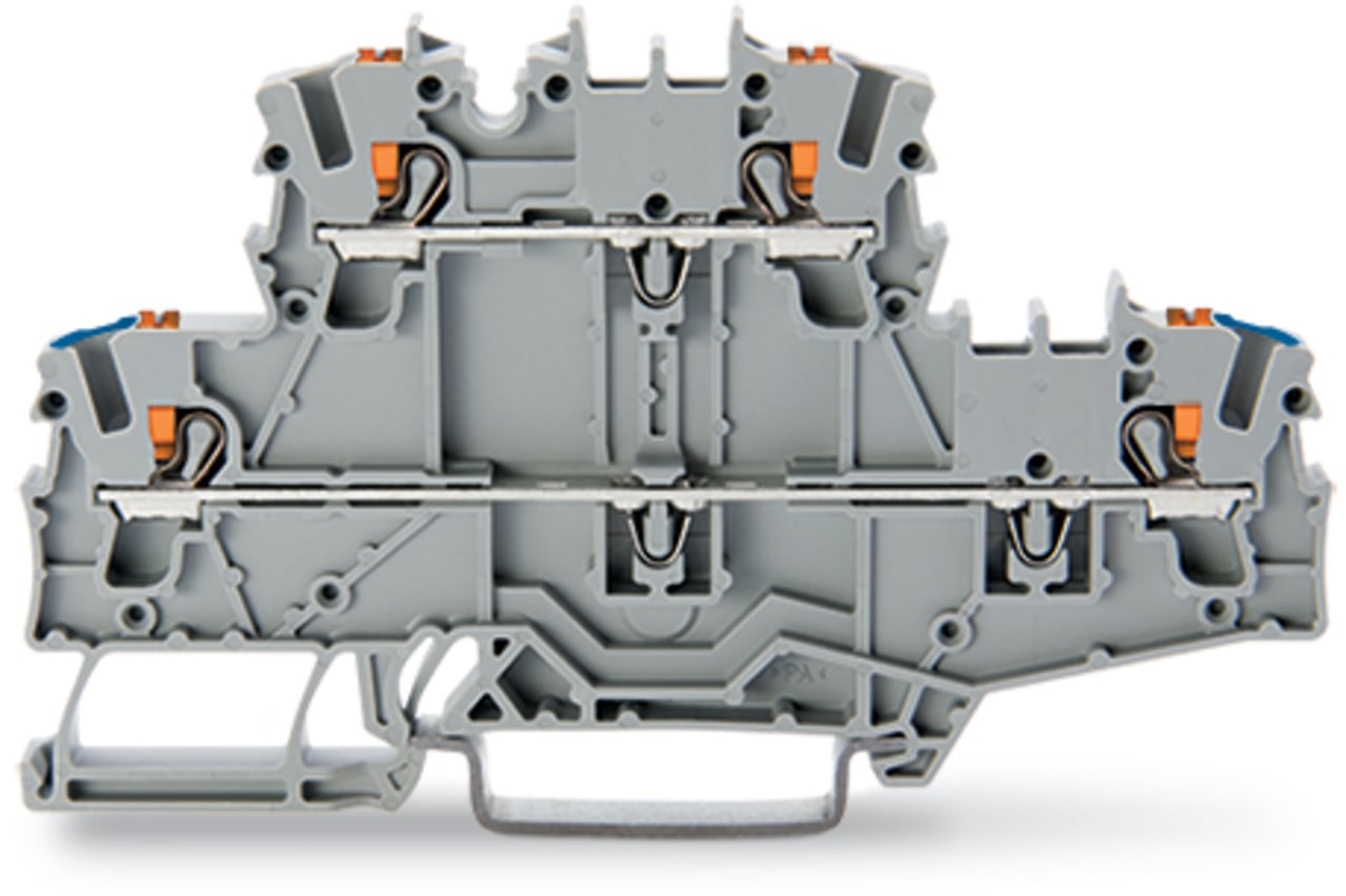 Double-deck terminal block; with push-button; Through/through terminal block; N/L; without marker carrier; suitable for Ex e II applications; Blue conductor entry lower deck; for DIN-rail 35 x 15 and 35 x 7.5; 2.5 mm; Push-in CAGE CLAMP; 2,50 mm; gray