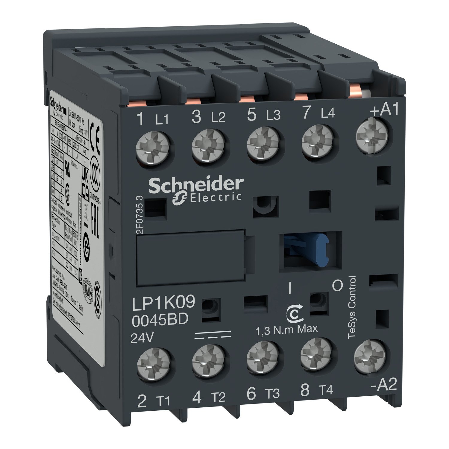 Contactor, TeSys K, 4P, 4 NO, ,AC-1, lt or eq to 440V, 20A, 24VDC coil