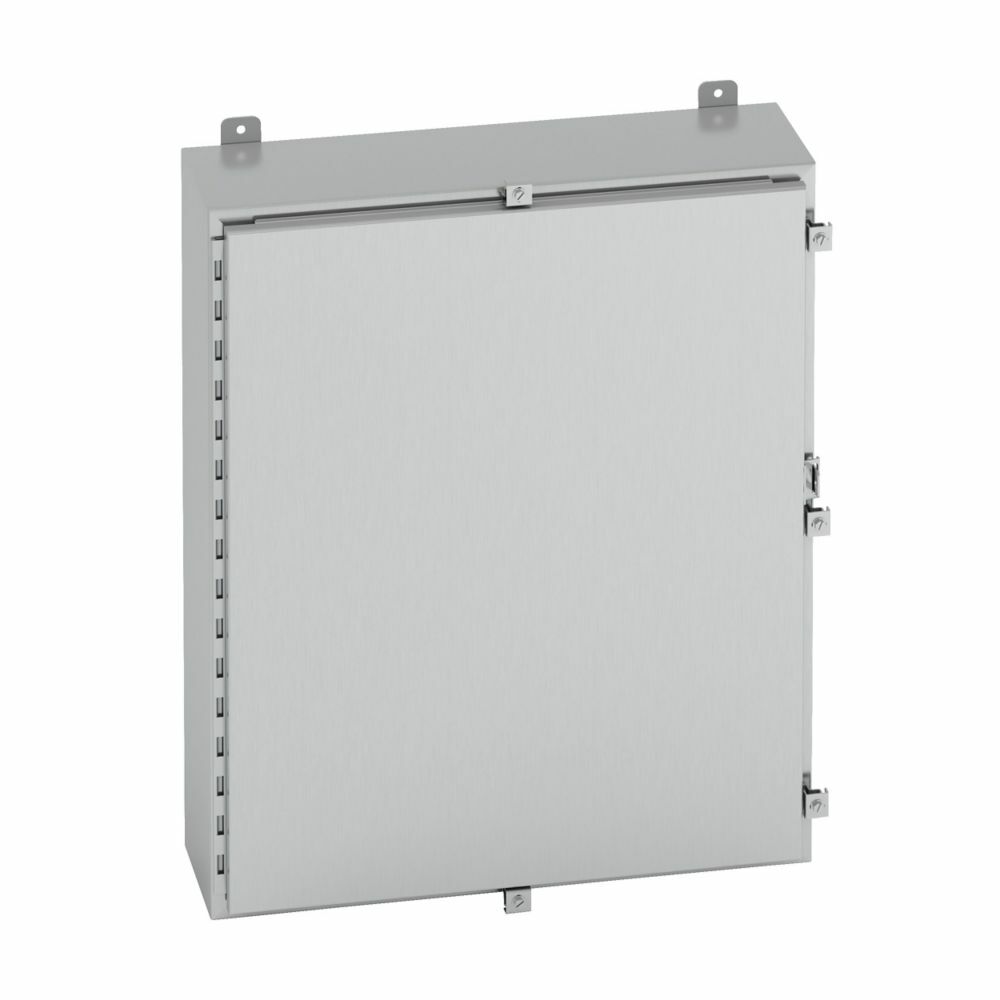 Eaton B-Line series wall mounted panel enclosure, 30" height, 10" length, 24" width, NEMA 4X, Hinged cover, 4XS enclosure, Wall mount, Medium single door, External mounting feet, 304 stainless steel, Seamless poured in-place gasket