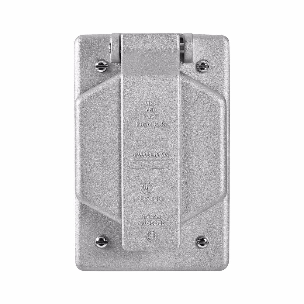 Eaton Crouse-Hinds series WLRS wet location cover, Copper-free aluminum, Vertical, 1-1/2", Gasket, Single spring door cover, for NEMA configuration round receptacles