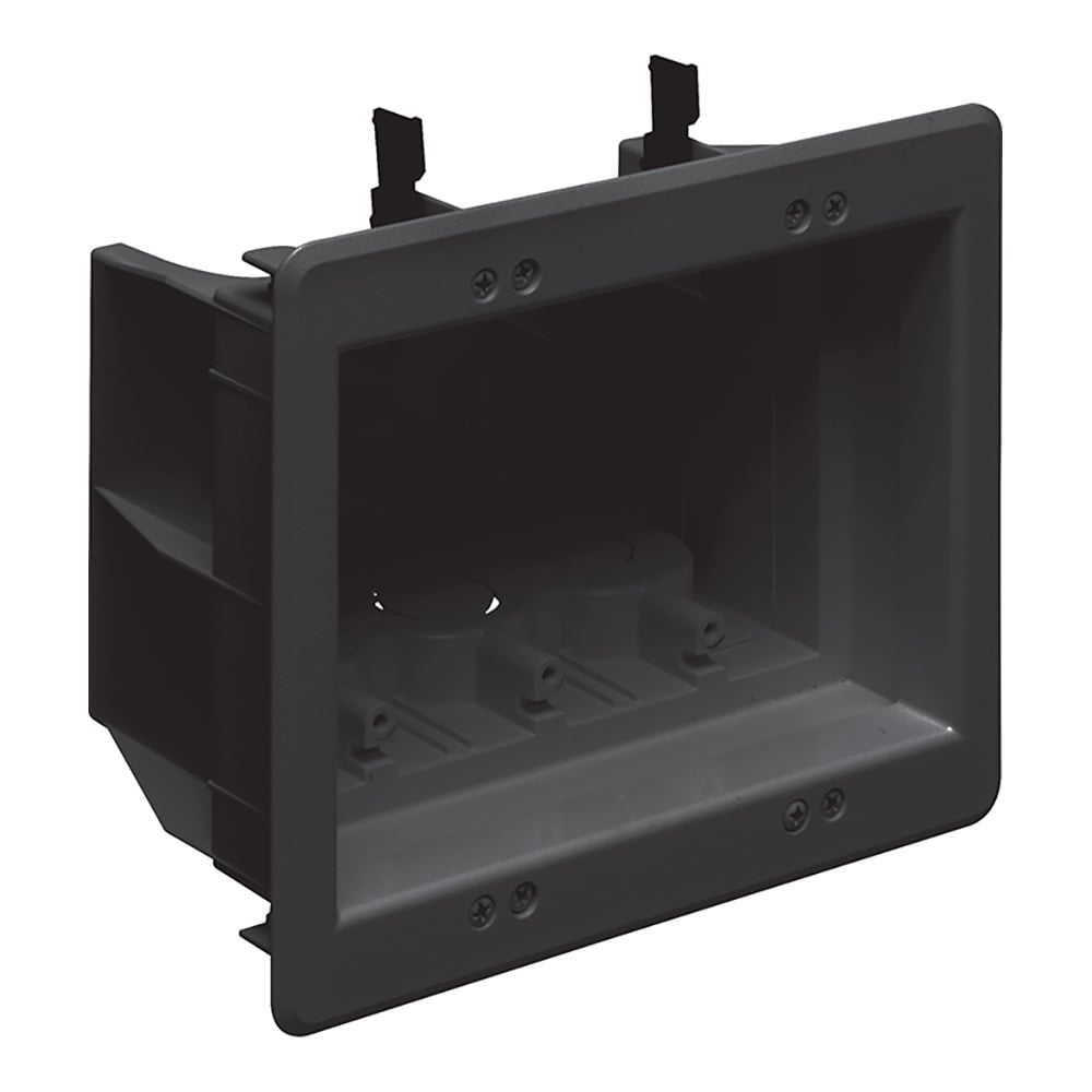 Arlington's non-metallic recessed indoor InBox allows items such as furniture or televisions to be placed closer to the wall. Our InBox uses mounting wings to attach to the wall, so it is ideal for new or retrofit construction. This three gang 49.3 cubic inch InBox comes in black, is UL listed, and has a two hour fire rating. It comes with the recessed box, trim plate, wall plates, low voltage divider, and mounting/installation screws.