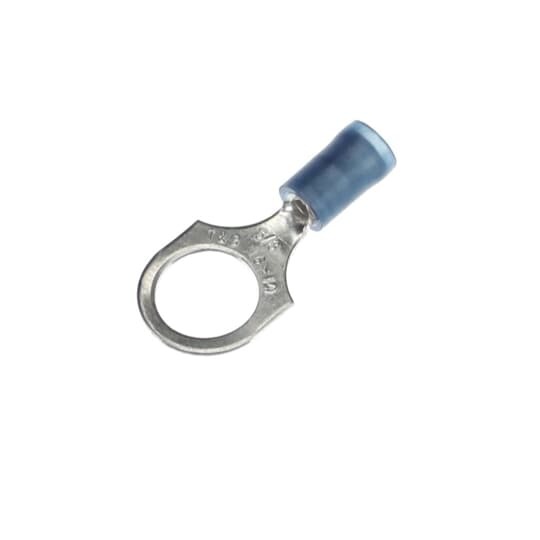 Nylon Insulated Ring Terminal, Length 1.17 Inches, Width .53 Inches, Maximum Insulation .162, Bolt Hole 3/8 Inch, Wire Range #18-#14 AWG, Color Blue, Copper, Tin Plated