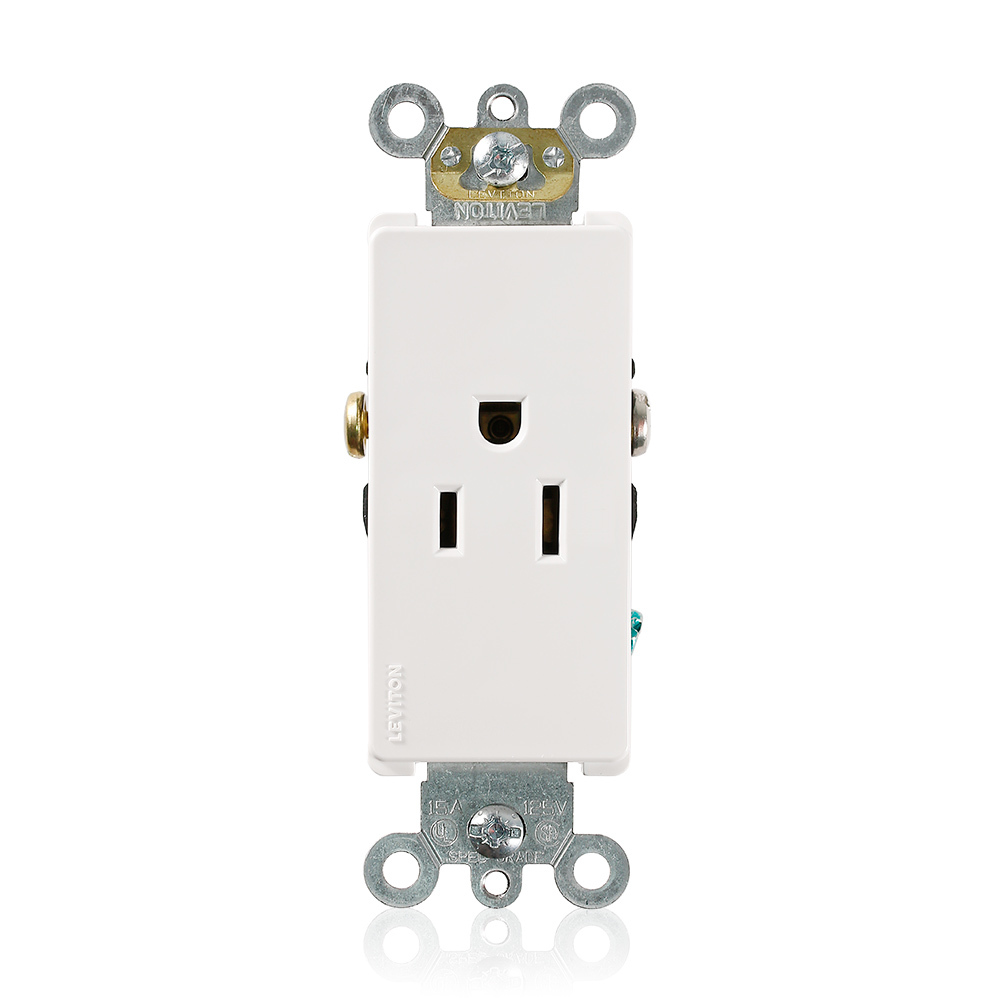 15 Amp, 125 Volt, NEMA 5-15R, 2P, 3W, Decora Plus Single Receptacle, Straight Blade, Commercial Grade, Self-Grounding, , , Back & Side Wired, Steel Strap, - WHITE
