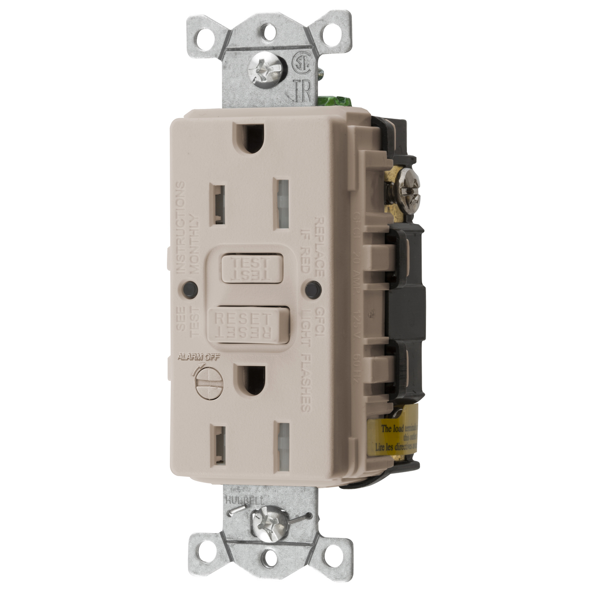 Power Protection Products, GFCI Receptacle, Self Test, Commercial Grade, Tamper Resistant, 15A 125V, 2- Pole 3-Wire Grounding, 5-15R, With Alarm, Light Almond