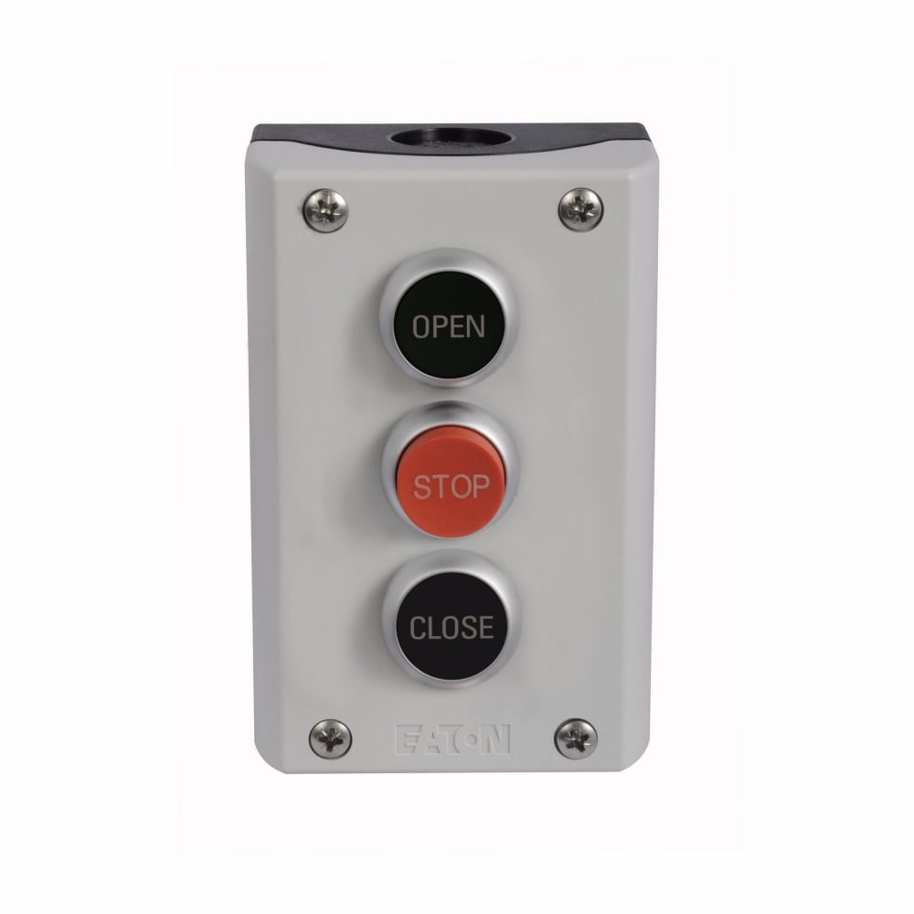 M22 Control Station, 22.5 mm, Buttons: flush, extended, flush, Momentary, Non-illuminated, Button: Black, Red, Black, Inscription: OPEN, STOP, CLOSE/ GB32, GB0, GB2, NO/NC, IP66, UL (NEMA) Type 4X, 13, Vertical, Base: Black, Enclosure: Gray