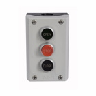 M22 Control Station, 22.5 mm, Buttons: flush, extended, flush, Momentary, Non-illuminated, Button: Black, Red, Black, Inscription: OPEN, STOP, CLOSE/ GB32, GB0, GB2, NO/NC, IP66, UL (NEMA) Type 4X, 13, Vertical, Base: Black, Enclosure: Gray