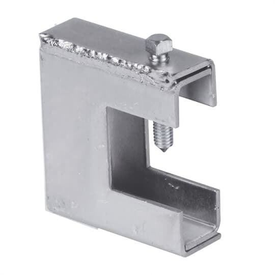 Clamp, Heavy Duty Beam, Opening Size 1-21/32 Inch, Tapped Hole Size 3/8 Inch, Material Thickness 1/8 Inch, Set Screw Size 3/8 x 1-1/2 Inch, Design Load 1,050 Pounds, Steel