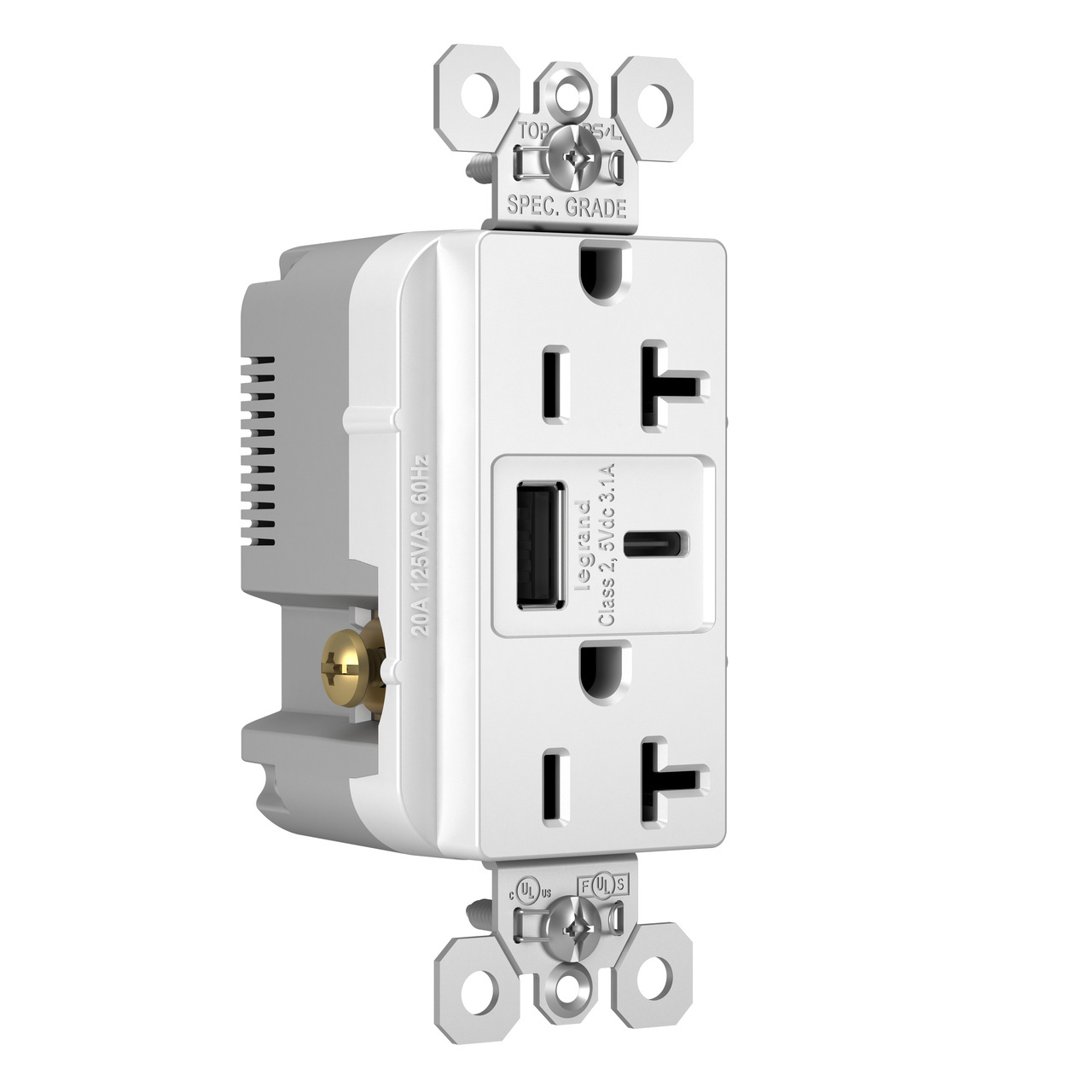TR20USBACW Tamper-Resistant Receptacle, 20 Amp, 125V, Two 3.1 Amp Type A and C USB Charging Ports