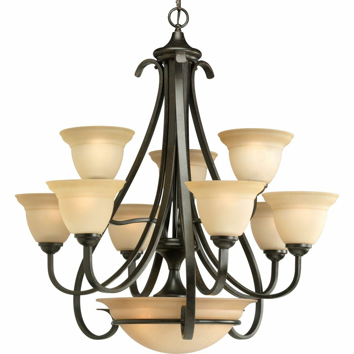 Elegantly formed nine-light, two-tier chandelier featuring soft tea-stained glass. A provided three-light downlight in an oversized, bell-shaped glass bowl adds greater distinctive lighting. Characteristic ebbing and flowing of flat steel arms and scroll accents are hand painted in a Forged Bronze finish entailing black and brown tones. With a timeless appeal, this Torino fixture is supplied with six feet of 9 gauge chain for ceiling chain mount.