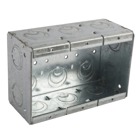 Three Gang Shallow Masonry Box, 47.3 Cubic Inches, 3-3/4 Inches Long x 5-1/2 Inches Wide x 2-1/2 Inches Deep, 1/2 Inch and 3/4 Inch Concentric Knockouts, Galvanized Steel, Welded Construction, For use with Conduit