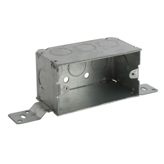 Single Gang Device Box, 15.6 Cubic Inches, 4 Inches Long x 2-1/8 Inches Wide x 2-1/8 Inches Deep, 1/2 Inch Knockouts, Galvanized Steel, Welded Construction, with Flat Bracket on One Side Offset 9/16 Inch from Face, For Use with Conduit