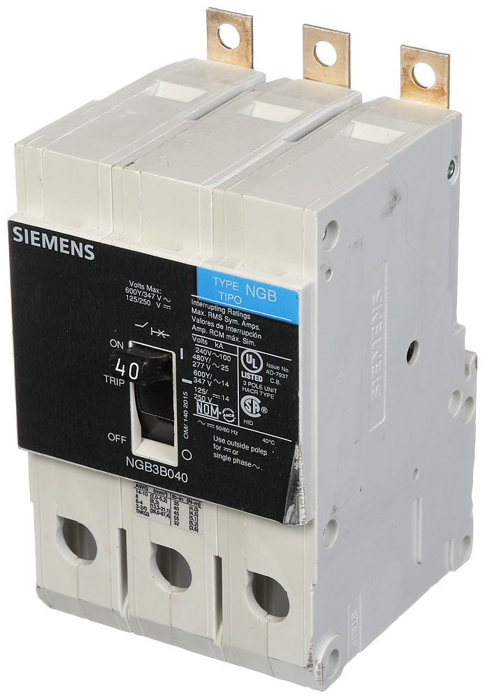  LOW VOLTAGE PANELBOARD MOUNT G FRAME CIRCUIT BREAKER WITH THERMAL - MAGNETIC TRIP. UL LISTED NGB FRAME WITH STANDARD BREAKING CAPACITY. 40A 3-POLE (14KAIC AT 600Y/347V) (25KAIC AT 480Y/277V). SPECIAL FEATURES MOUNTS ON PANELBOARD, LOAD SIDE LUGS ONLY (TC1GG20) WIRE RANGE 8 - 1/0 AWS (CU/AL). DIMENSIONS (W x H x D) IN 3 x 5.4 x 2.8.