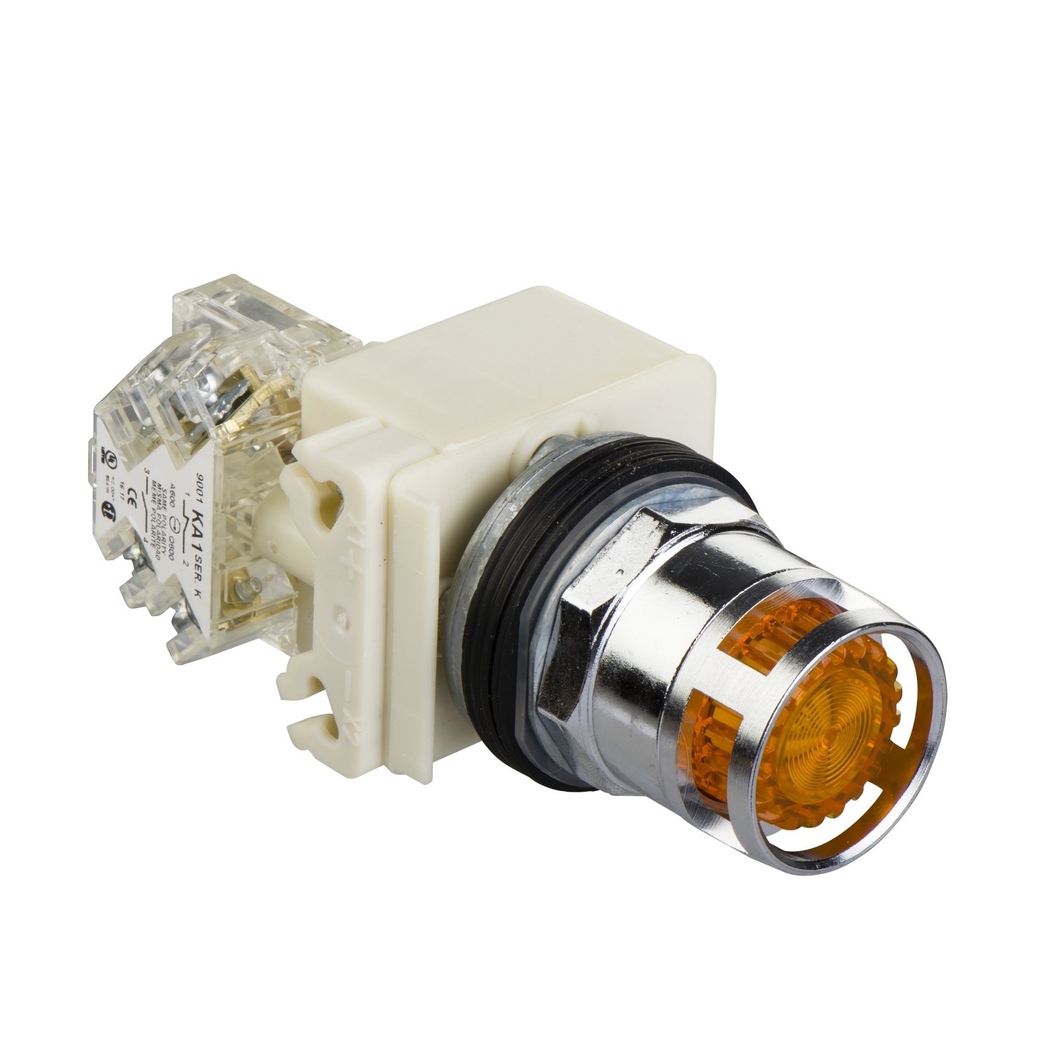 Illuminated push-button, Harmony 9001K, metal, metal guard flush, amber, 30mm, spring return, LED yellow, 24-28V, 1 C/O