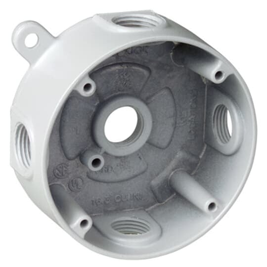 Round Outlet Box, 16.3 Cubic Inches, 4-1/8 Inch Diameter, Hub Size 1/2 Inch, White, Aluminum, with 5 Outlets, Four on the Sides and One in Back, Pack of 8